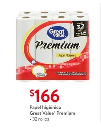 Walmart Papel higienico Great Value Premium 32 rollos oferta