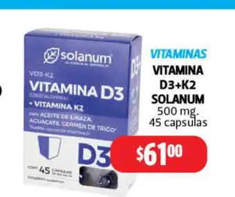 Farmacias Guadalajara Vitaminas Vitamina D3+K2 Solanum 500mg oferta