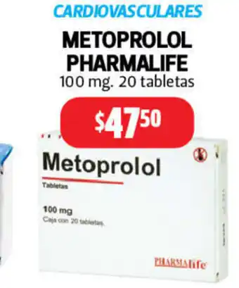 Farmacias Guadalajara Metoprolol Pharmalife 100mg 20 tabletas oferta