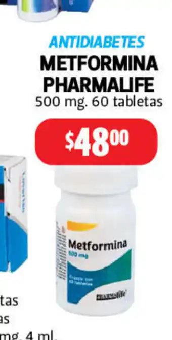 Farmacias Guadalajara Metformina Pharmalife 500mg 60 tabletas oferta