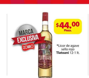 Zorro Licor de agave sello rojo Tlatoani 12-1lt oferta
