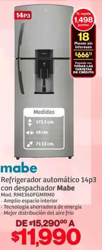Soriana Híper Mabe refrigerador automático 14p3 con despachador oferta