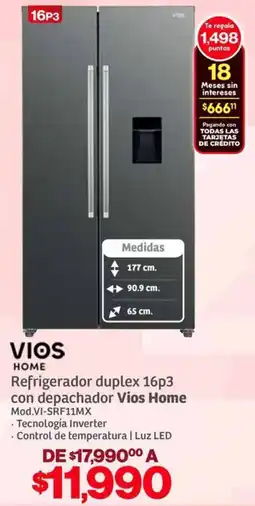 Soriana Híper Vios refrigerador duplex 16p3 con depachador oferta