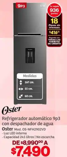 Soriana Híper Oster refrigerador automático 9p3 con despachador de agua oferta
