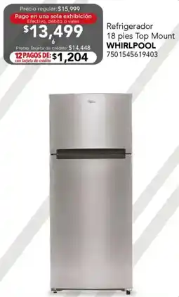 City Club Whirlpool refrigerador 18 pies top mount oferta