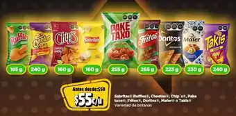 Sabritas, Ruffles, Cheetos, Chip's, Pake taxo, Fritos, Doritos, Mafer o Takis botanas