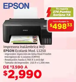 Soriana Mercado Epson impresora inalámbrica wifi ecotank mod. L1250 oferta