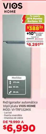 Soriana Mercado Vios home refrigerador automático 10p3 plata oferta