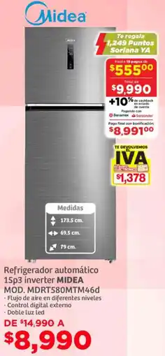Soriana Mercado Midea refrigerador automático 15p3 inverter oferta