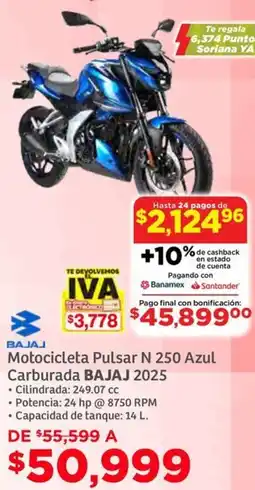 Soriana Híper Bajaj motocicleta pulsar N 250 azul carburada 2025 oferta