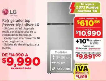 Soriana Súper Lg refrigerador top freezer 16p3 oferta