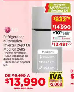 Soriana Súper Lg refrigerador automático inverter 24p3 oferta