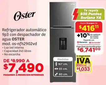 Soriana Súper Oster refrigerador automático 9p3 con despachador de agua oferta