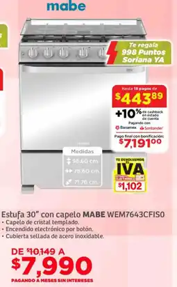 Soriana Súper Mabe estufa 30" con capelo oferta