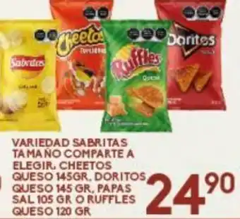 Alsuper Variedad Sabritas Tamaño Comparte A Elegir, Cheetos Queso 145gr, Doritos Queso 145gr, Papas Sal 105gr o Ruffles Queso 120gr oferta