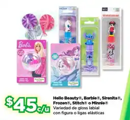 Bodega Aurrerá Hello Beauty, Barbie, Sirenita, Frozen, Stitch o Minnie gloss labial con figura o ligas elásticas oferta