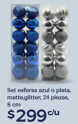 Soriana Híper Set esferas azul o plata, matte,glitter, 24 piezas, oferta