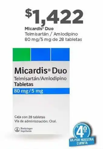 Bodega Aurrerá Micardis Duo Telmisartán/Amlodipino Tabletas Boehringer Ingelheim 80mg/5mg oferta