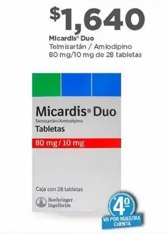 Bodega Aurrerá Micardis Duo Telmisartán/ Amlodipino Tabletas Boehringer Ingelheim 80mg/10mg oferta