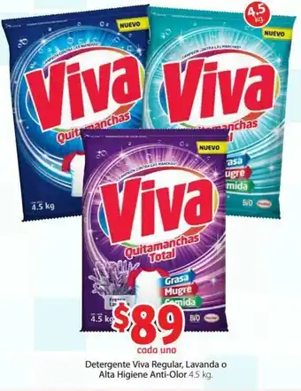 Soriana Híper Detergente Viva Regular, Lavanda o Alta Higiene Anti-Olor 4.5kg oferta