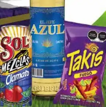 Sol cerveza o El Jefe azul o Takis