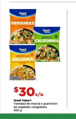 Bodega Aurrerá Great Value mezcla o guarnición de vegetales congelados oferta