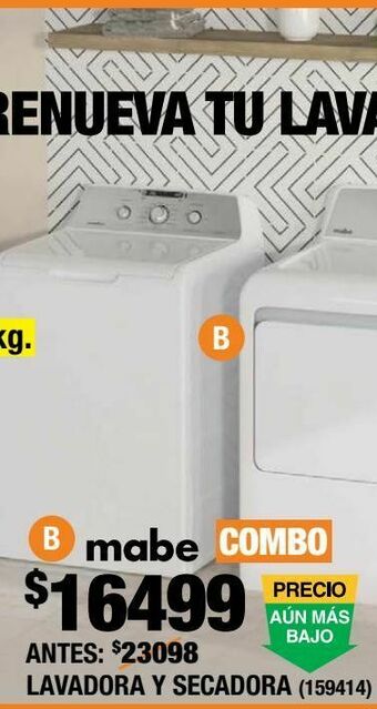 Combo lavadora 18kg y secadora 20kg blanco mabe