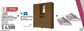 Sodimac Homecenter Combo ropero 2 puertas corredizas con 3 cajones + set de 10 ganchos ahorradores oferta