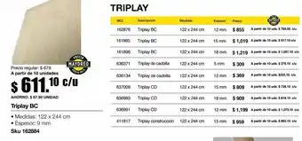 Triplay bc 9 mm 122 cm x 244 cm