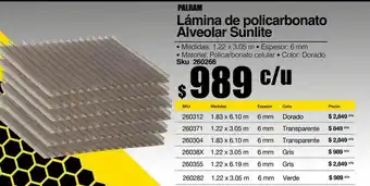 Sodimac Homecenter Lámina de policarbonato alveolar sunlite bronce 6 mm 0.92 x 3.05 cm oferta