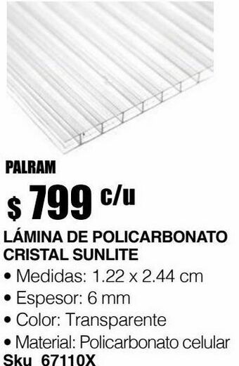 Policarbonato sunlite cristal 6mm 1.22 x 2.44m