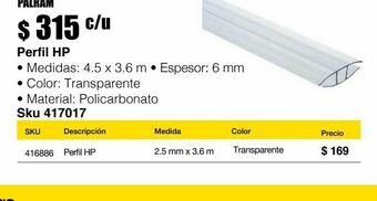 Perfil hp policarbonato 6 mm largo 3.66 m