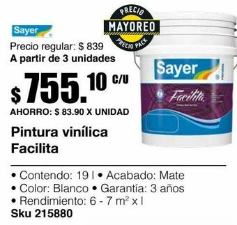 Sodimac Homecenter Pintura vinílica facilita blanco 19l oferta