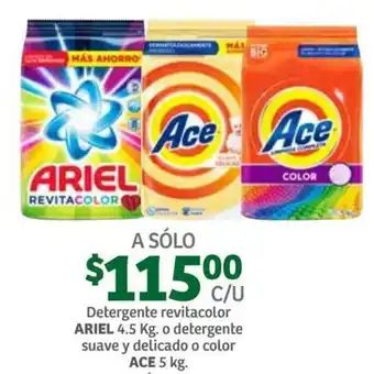 Soriana Súper Detergente Revitacolor Ariel 4.5kg o Detergente Suave y Delicado o Color Ace 5kg oferta