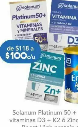 Farmacia San Pablo Solanum platinum 50 + vitaminas y minerales, vitaminas d3 + k2 ó zinc + l-lisina 45 cápsulas oferta