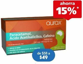 Farmacia San Pablo Aurax paracetamol/ácido acetilsalicílico/cafeína 250/250/65mg 24 tabletas. oferta