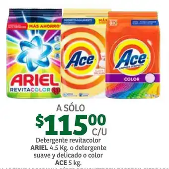Soriana Híper Detergente Revitacolor Ariel 4.5kg o Detergente Suave y Delicado o Color Ace 5kg oferta