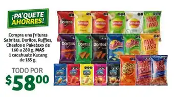 Soriana Mercado Frituras Sabritas, Doritos, Ruffles, Cheetos o Paketaxo 160 a 280g, Cacahuate Kacang 185g oferta