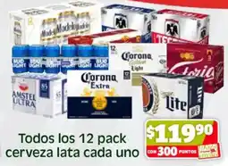 Soriana Híper Todos los 12 pack cerveza lata cada uno oferta