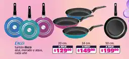 Soriana Híper Ekco sartén azul, morado y aqua, cada uno oferta