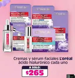 Soriana Híper L'oréal cremas y sérum faciales ácido hialurónico cada uno oferta