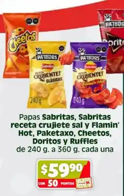 Soriana Híper Papas sabritas, sabritas receta crujiete sal y flamin' hot, paketaxo, cheetos, doritos y ruffles oferta