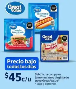 Walmart Great value salchicha con pavo, jamón mixto o virginia de pavo oferta