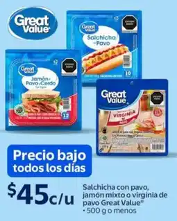 Walmart Great value salchicha con pavo, jamón mixto o virginia de pavo oferta
