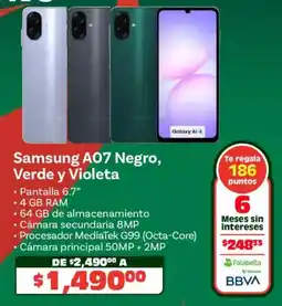 Soriana Híper Samsung A07 negro, verde y violeta oferta