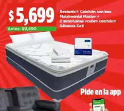 Bodega Aurrerá Restonic colchón con box matrimonial master + 2 almohadas +cubre colchón+ sábanas cell oferta