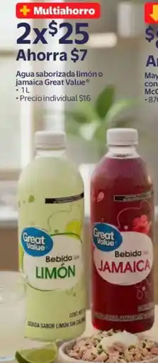 Walmart Great value agua saborizada limón o jamaica oferta