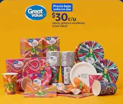 Walmart Great value vasos, platos o servilletas oferta