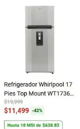 Elektra Whirlpool Refrigerador 17 Pies Top Mount WT1736 oferta