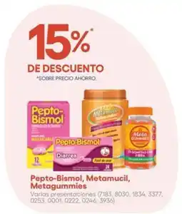 Farmacias del Ahorro Pepto-bismol, metamucil, metagummies oferta